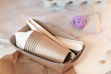 Disposable tableware made of natural materials on a light background