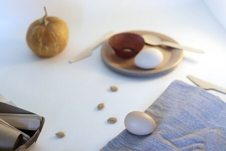 Disposable dishes, made from natural materials, fresh eggsの写真素材