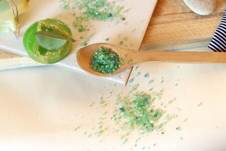 Natural soap, sea salt on a light background, spa treatments, body care, healthy lifestyle