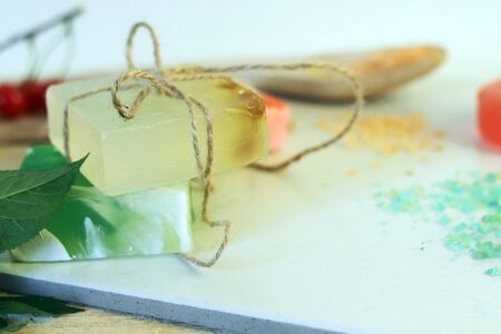 Natural soap, sea salt on a light background, spa treatments, body care, healthy lifestyle
