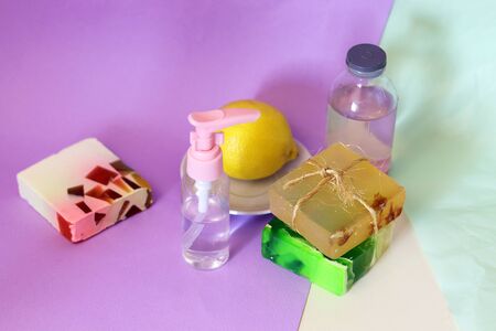 Soap, antiseptic liquid, aromatic oil for hygienic procedures, washing hands, body care, spa,...