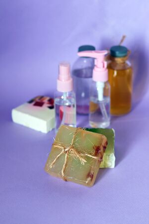 Soap, antiseptic liquid, aromatic oil for hygienic procedures, washing hands, body care, spa, natural cosmetics, healthy lifestyleの写真素材