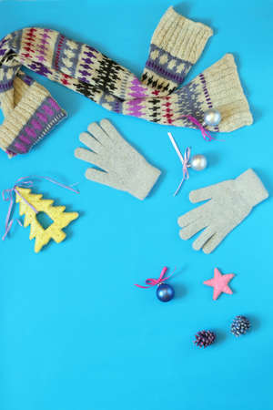 Merry Christmas, bright blue background with Christmas decor and space for an inscription, top viewの写真素材