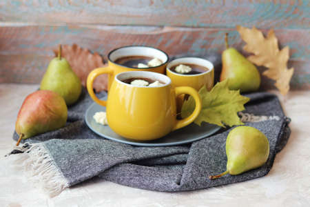 Three cups of coffee, pumpkins, leaves, woolen scarf, the concept of home comfort, family, Thanksgiving, autumn seasonの写真素材