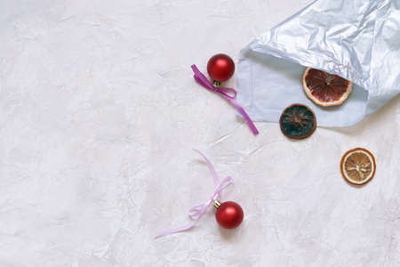 New Year's toys, spices, spruce branches, Christmas background, concept of congratulations, postcard