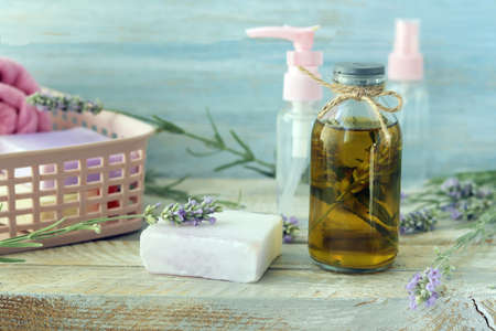 Soap, lavender flowers, spray, aromatic oil for body care, spa, natural cosmetics, healthy lifestyle