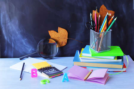 Books, school supplies on the desk, learning concept, back to schoolの写真素材