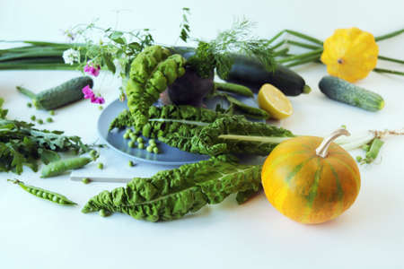 Fresh seasonal organic vegetables and herbs for cooking vegetarian lunch, healthy food conceptの写真素材