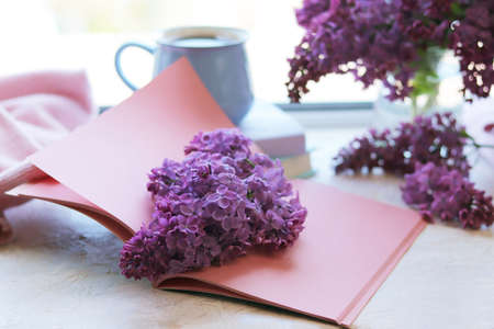 Books, notepads and fresh lilac flowers on the table by the window, the concept of education, home reading, learning, back to school, spring, vacationの写真素材