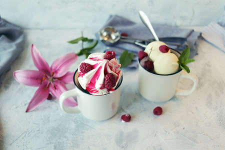 Homemade ice cream watered with fruit syrup and strewn with fresh raspberries and strawberries, ice,...