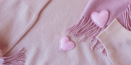 Woolen cute hearts decorate pink cashmere clothes, top view, Valentine's day concept, warm cozy productsの写真素材