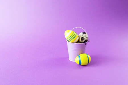 Happy Easter, toy bucket filled with quail and painted eggs, violet background with copy space, Easter greeting concept, traditional holiday decorations, postcardの写真素材