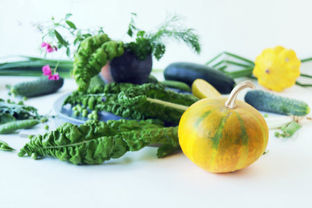 Fresh seasonal organic vegetables and herbs for cooking vegetarian lunch, healthy food conceptの写真素材