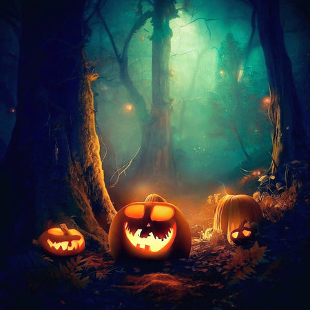 Halloween pumpkins in the spooky forest. Halloween background.の素材