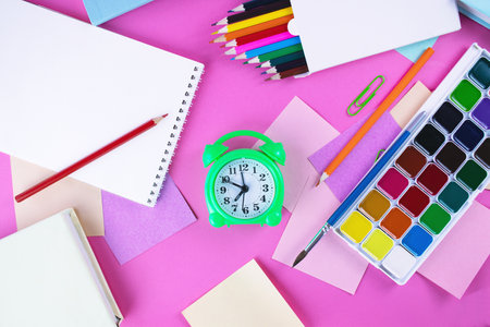 School and office supplies on colorful background. Back to school concept.の写真素材