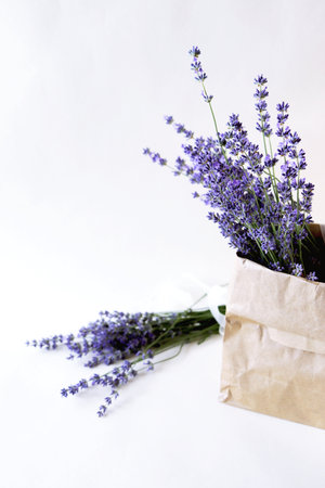 Bouquet of lavender flowers in paper bag on white background.の写真素材