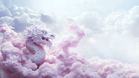 White dragon on the clouds. 3D illustration. Fantasy background.の素材