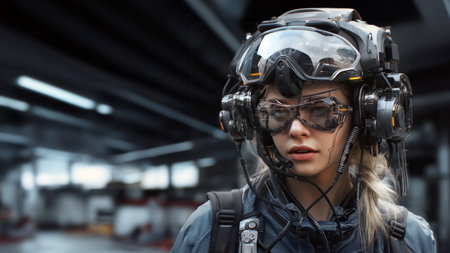 Portrait of a female pilot in helmet and goggles looking at cameraの素材