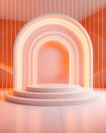 Abstract minimal scene with round podium and neon light. 3d renderの素材