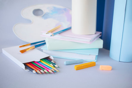 School supplies on a white background. Back to school. Selective focus.の写真素材