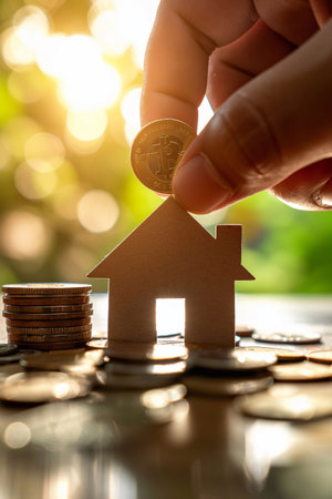 Close-up of human hand putting coin to the house, saving money for buy a house conceptの素材