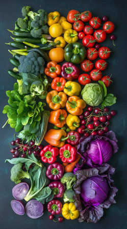 Composition with variety of fresh vegetables on dark background, top viewの素材