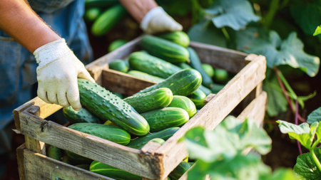 Cucumbers in a wooden box in the hands of a farmerの素材