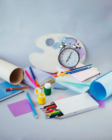 School and office supplies on a table. Back to school concept.