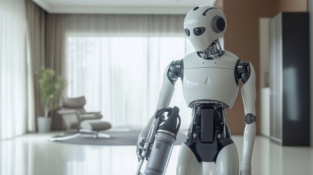 3d rendering humanoid robot working in modern office or home living roomの素材