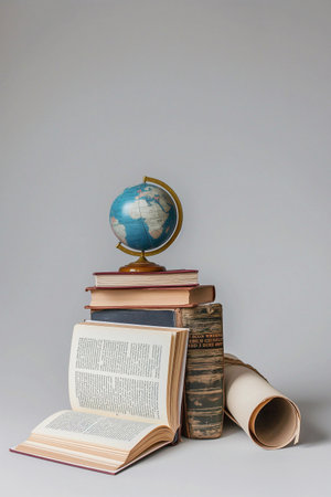 A stack of books and a globe on a gray background with copy spaceの素材