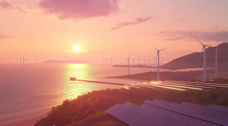 Solar panels and wind turbines at sunset, alternative energy concept. 3D renderingの素材