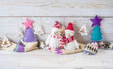 Christmas decoration on white wooden background. Christmas and New Year concept.の写真素材