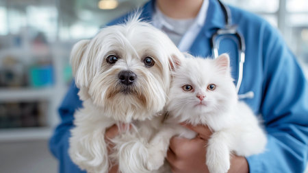 Veterinarian holding a white kitten and a Maltese puppy.の素材