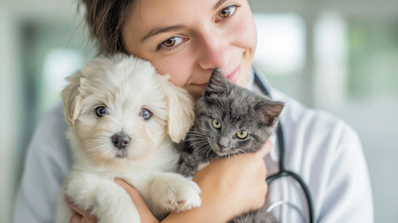 Veterinarian holding a puppy and a kitten in her arms.の素材