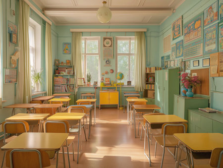 Interior of a school classroom with yellow chairs, tables and booksの素材
