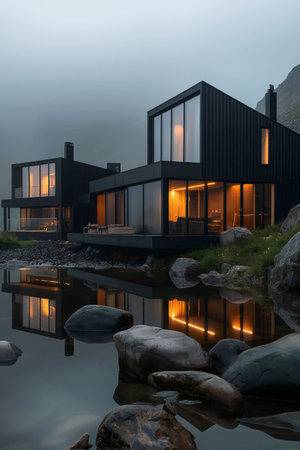 3d rendering of modern cozy chalet with pool and parking for sale or rent. Beautiful forest mountains on background. Clear summer night with moonlight. Cozy warm light from windows.の素材