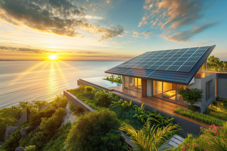 House with solar panels on roof and beautiful sunset. 3d renderingの素材