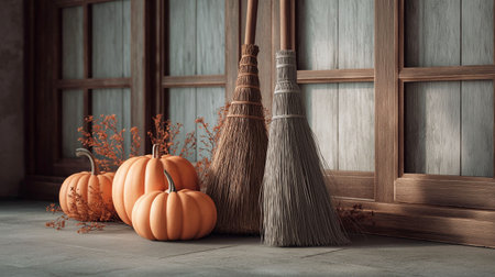 Halloween pumpkins and broom on the floor. 3d renderingの素材