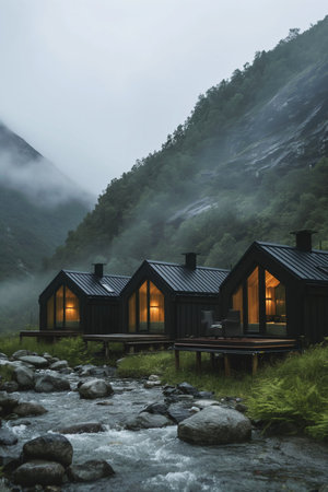 Mountain chalet in a foggy valley, Norway.の素材