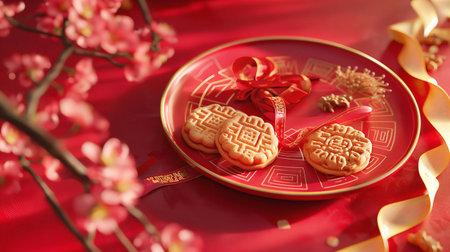 Chinese New Year Cookies and Cherry Blossom on Red Background, Close-upの素材