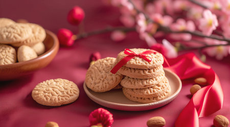 cookies with red ribbon and cherry blossoms on a red backgroundの素材