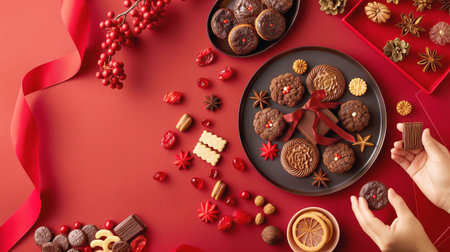 Chocolate candies on red background with red ribbon and christmas decorationの素材