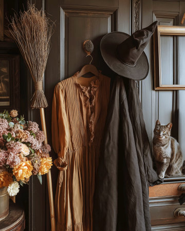 Cozy home interior. Stylish black dress and hat on a mannequin in the room.の素材
