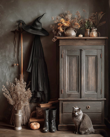 Halloween still life with old wooden cabinet, black cat and pumpkins.の素材