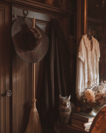 Vintage interior with a cat in a hat and a broom.の素材