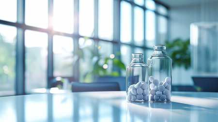 Pills and medicine bottles on table in office. 3d renderingの素材