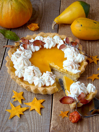pumpkin pie with whipped creamの写真素材