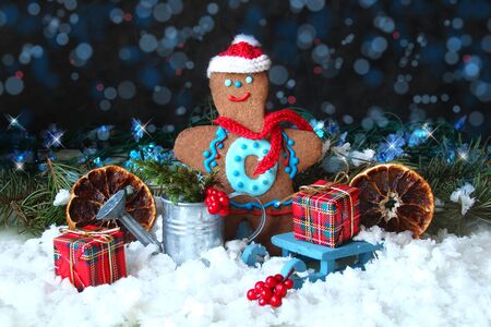 Christmas decorations on a dark background with Christmas toysの写真素材