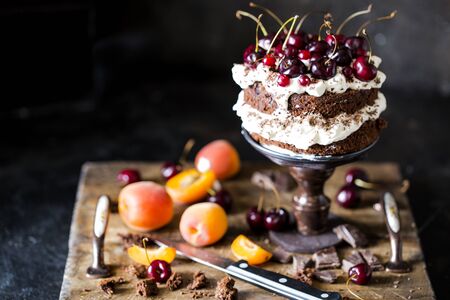 Chocolate cake with whipped cream and cherries and fresh fruitの写真素材
