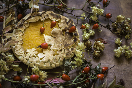 pumpkin cake decorated with figures made of dough to fall style on a wooden Boardの写真素材